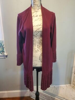 Chicos  Burgundy Pleated & Fringe Beaded Open Cardigan Size 2 [Sz L]Very Unique!